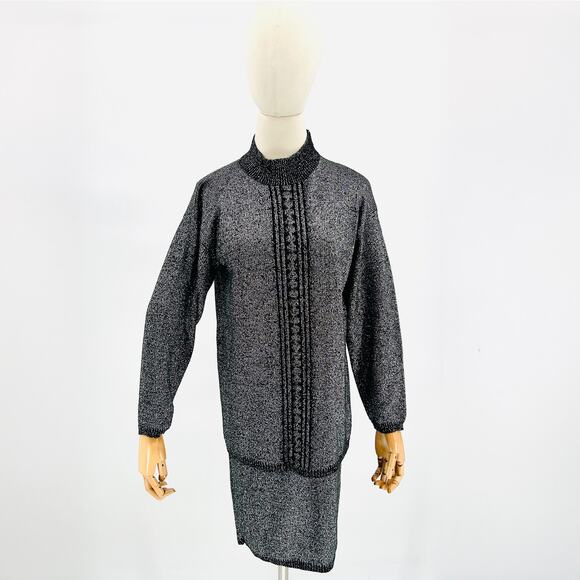 Vintage 80s Mallard Metallic Black Silver Glam Long Sleeve Sweater Skirt Set - Picture 1 of 7